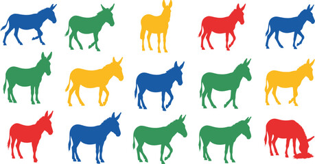 Pattern of colorful donkey silhouettes on a light pink background
