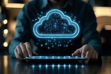 Businessman interacts with holographic cloud interface using tablet in modern office setting
