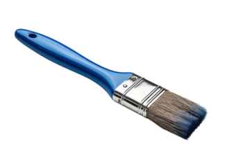 Paint brush with blue handle isolated on a transparent background in PNG format.