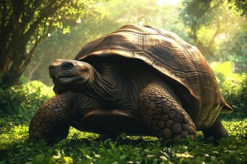 Obraz premium Galapagos giant tortoise walking through lush meadow