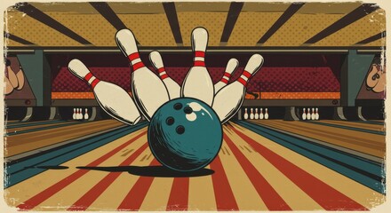 Bowling Alley Action Shot - Retro- illustration of a bowling ball striking pins in a bowling alley. Perfect for websites or projects related to bowling, leisure, or vintage graphics