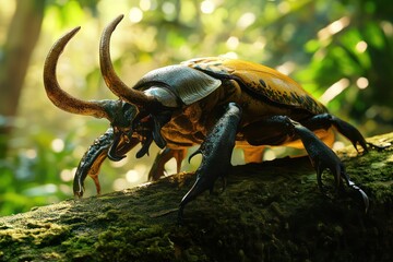 Hercules beetle crawling on moss-covered tree trunk