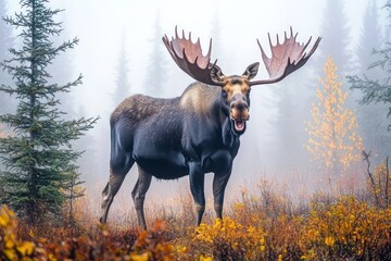 Shocked moose standing in foggy autumn forest