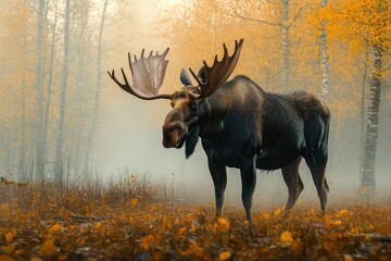 Shocked moose standing in foggy autumn forest