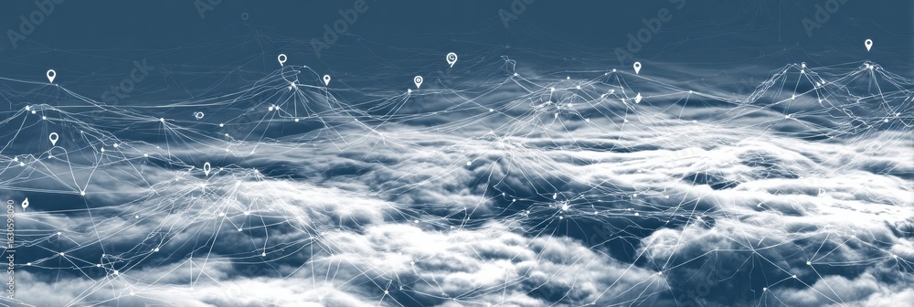 Poster cloud network visualization showcasing connections and data points in a digital landscape during day
