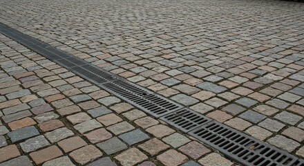 Fototapeta premium Cobblestone Street with Drainage Grate - A close-up view of a cobblestone street featuring a drainage grate.