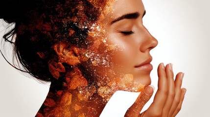 Woman with closed eyes and natural makeup holding a smartphone close to her face