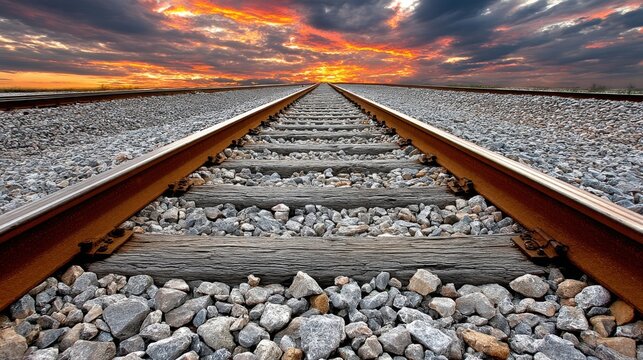 Sunset over railway tracks extending into the horizon with dramatic clouds in the sky