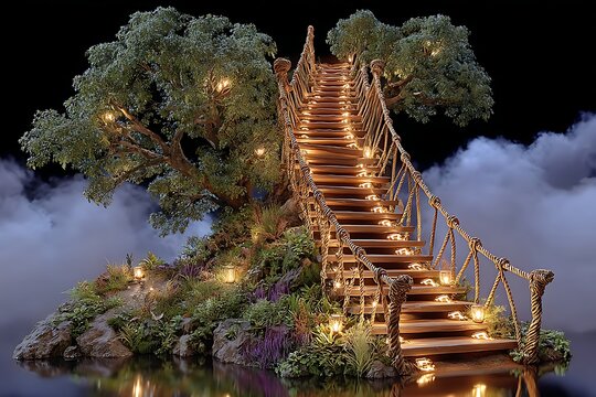 Magical floating staircase with glowing lanterns high resolution picture. - Powered by Adobe
