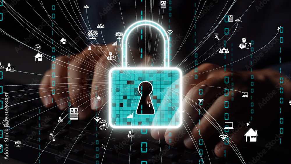 Poster visual representation of digital security featuring a virtual lock. this image illustrates the impor