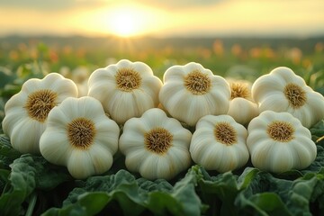 Fresh garlic bulbs arranged beautifully under a glowing sunset in a verdant field