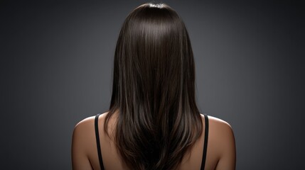 Fototapeta premium Woman with long, straight brown hair viewed from behind against a dark gray background
