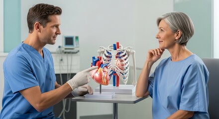 Doctor explaining heart anatomy to patient using model in medical examination room, healthcare setting