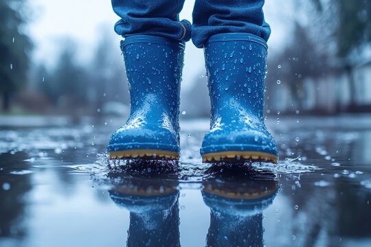 Raindrops splash as child enjoys puddle jumping in blue boots on a rainy day