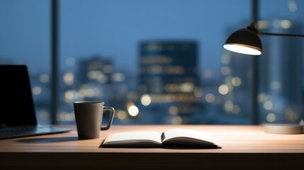 A developer's workstation with an empty notebook and coffee mug under soft desk lamp lighting.