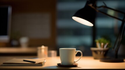 A developer's workstation with an empty notebook and coffee mug under soft desk lamp lighting.