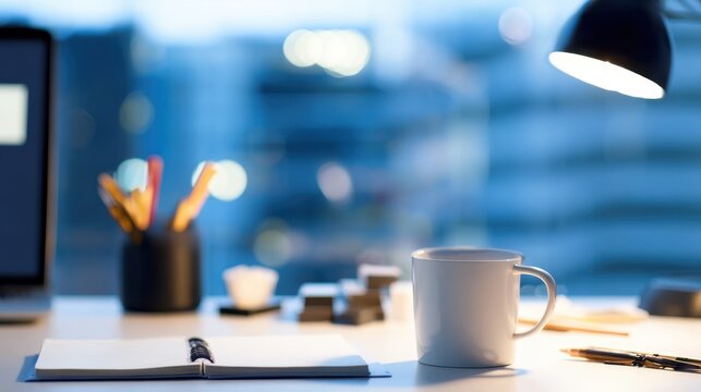 A developer's workstation with an empty notebook and coffee mug under soft desk lamp lighting.