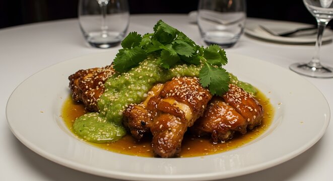 Jocon chicken tomatillo cilantro sesame on a restaurant table