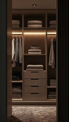 Modern luxury walk-in closet with ambient lighting, organized clothing, and folded towels on wooden shelves.

