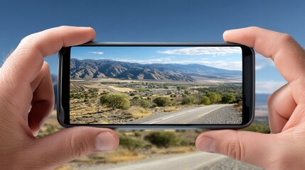 Woman holding smartphone capturing landscape scenery with mountains and open sky