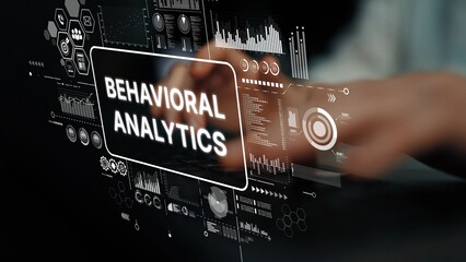 Businessman using digital touchscreen for behavioral analytics and data visualization in modern office environment. Asymptotic smart data analytic.