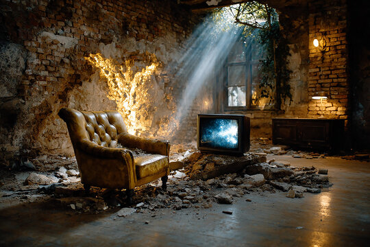 Old tv showing galaxy in abandoned room with burning wall