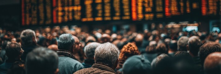 Investors Gather in Crowded Trading Hall During Active Market Hours Filled With Bright Screens Displaying Stock Prices and Financial Data
