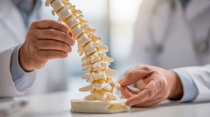 Chiropractor using anatomical spine model to teach patient about spinal health and posture correction strategies fostering patient education in a welcoming clinic environment.