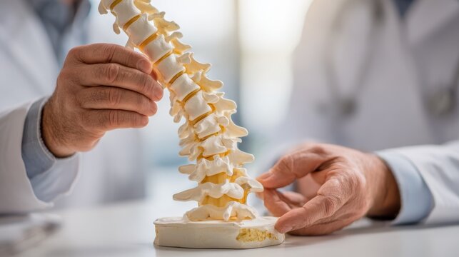 Chiropractor using anatomical spine model to teach patient about spinal health and posture correction strategies fostering patient education in a welcoming clinic environment.