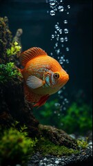 Underwater close-up of a goldfish swimming in a vibrant aquatic setting.

