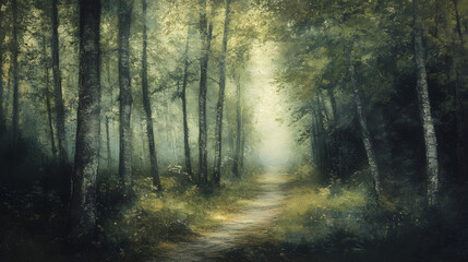 Obraz premium Forest Trail With Soft Filtered Light Summer