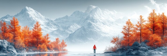 Vibrant autumn landscape with a lone traveler by a tranquil lake and snowy mountains