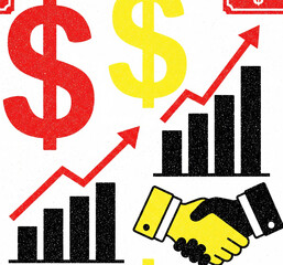 Risograph-inspired vector graphic: bold overlapping finance icons (dollar, graph, handshake)