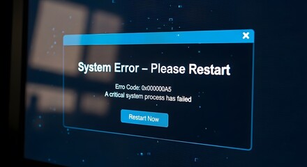 A blue screen displaying a system error message prompting to restart now button