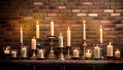 elegant candles lit in vintage holders against a rustic brick wall
