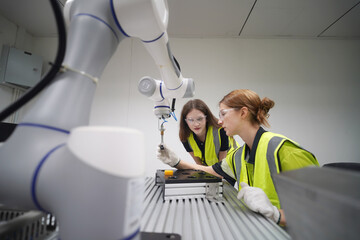 Engineers working with robotic arm in a modern laboratory during the day