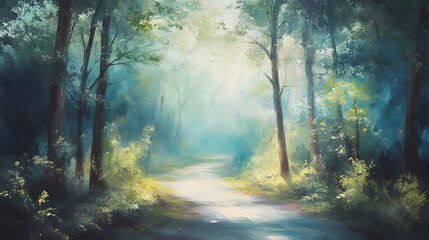 Obraz premium Forest Path With Diffused Light Summer Overc