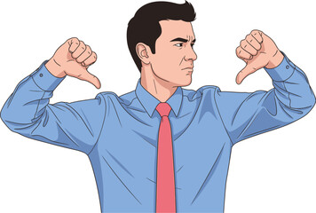 Man in blue shirt giving thumbs down gesture with disapproving look