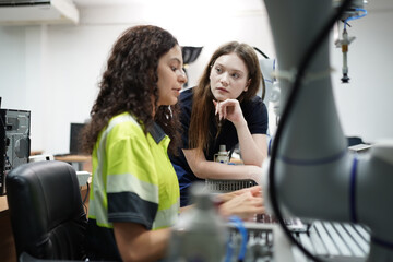 Women collaborating on technology in a workspace with computers and tools
