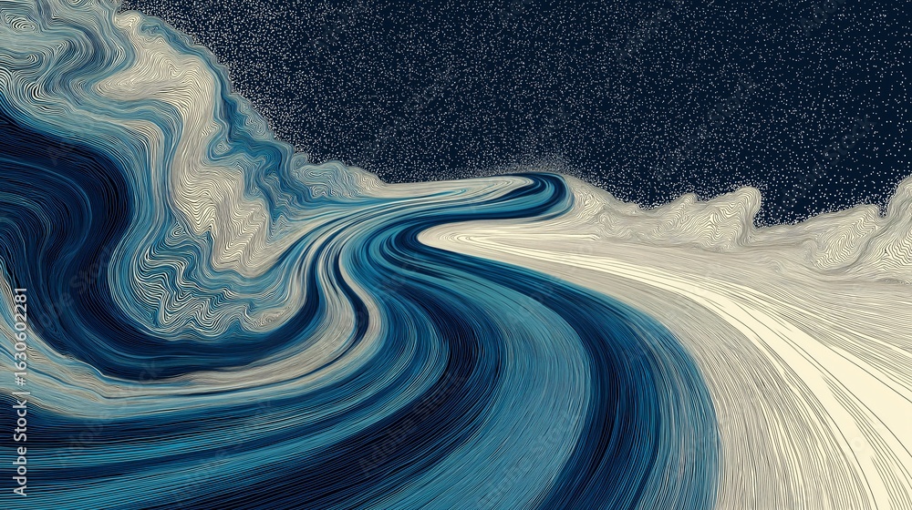 Poster abstract flowing river with swirling patterns in shades of blue and white, creating sense of movemen