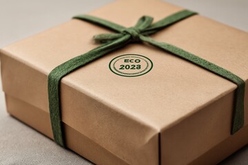 Eco-friendly packaging with green ribbon for sustainable gift wrapping and future innovation