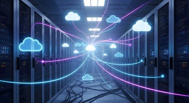 An illustration of a server room with cloud computing and data transfer lines shown