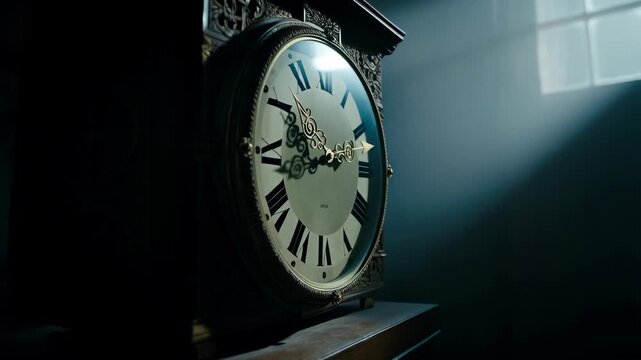 Antique pendulum clock face with Roman numerals, ornate detailing, on a wooden shelf, illuminated by light streaming through a nearby window