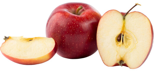PNG Freshly Cut Red Apple with Slices Against Black Background. 