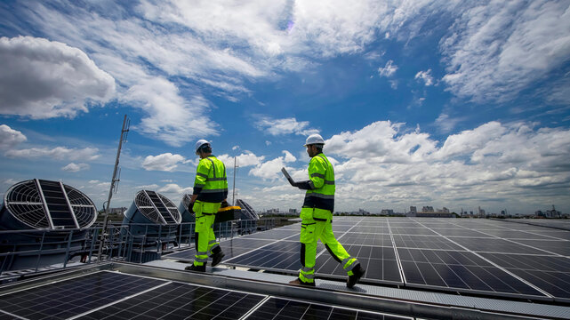Workers inspect solar panels on a rooftop under a sunny sky in an urban setting