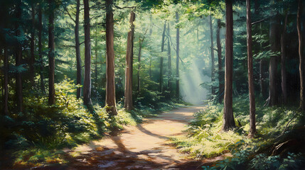 Obraz premium Forest Trail With Misty Sunlight Summer Coo