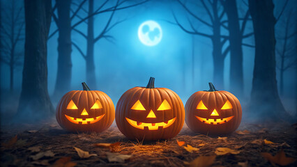 Scary carved pumpkins and bats with a jack-o-lantern on a dark, spooky Halloween background