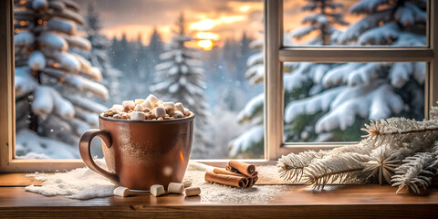 A cup of hot chocolate with marshmallows by a snowcovered window, creating a cozy winter scene perfect for holiday relaxation and warmth