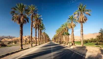 Obraz premium a scenic road in bushehr lined with tall palm trees under a clear blue sky casting shadows on the pavement creating a serene and picturesque landscape