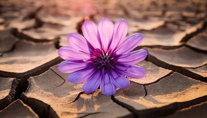 symbolic close up of a single resilient purple wildflower bravely blooming amidst dry cracked arid earth representing nature s tenacity and hope in harsh drought conditions